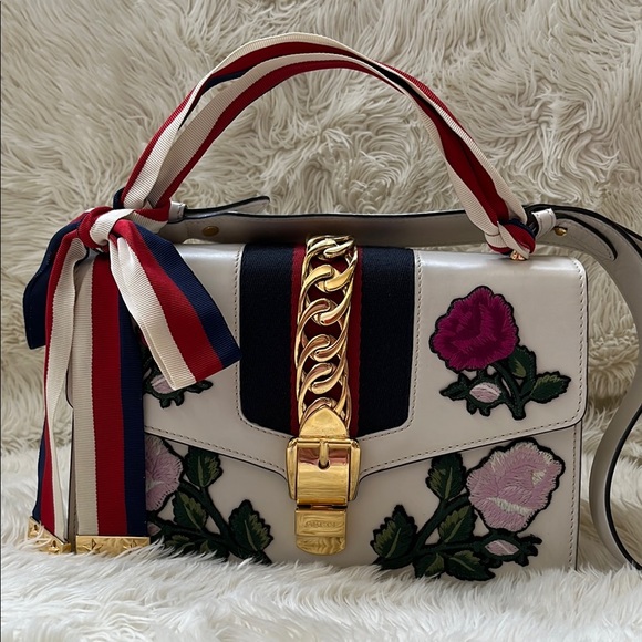 Gucci Handbags - Gucci White and Gold Sylvie Pink Floral Shoulder Bag